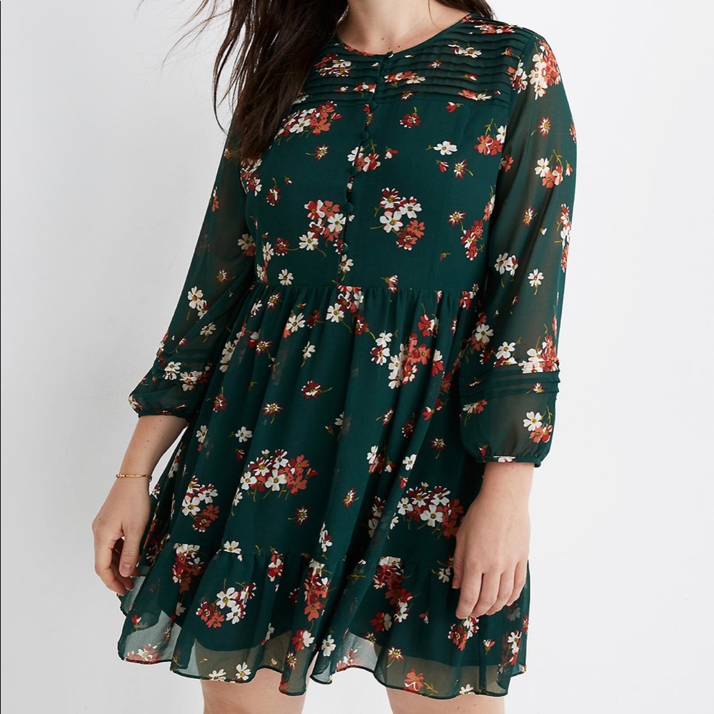 Madewell Sheer-Sleeve Pintuck Ruffle Dress